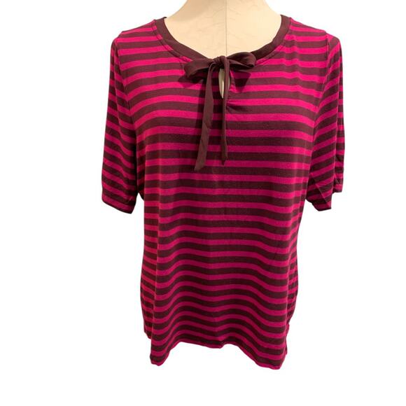Size XL Talbots Womens Striped Raspberry Tie Neck Shirt - Picture 2 of 8